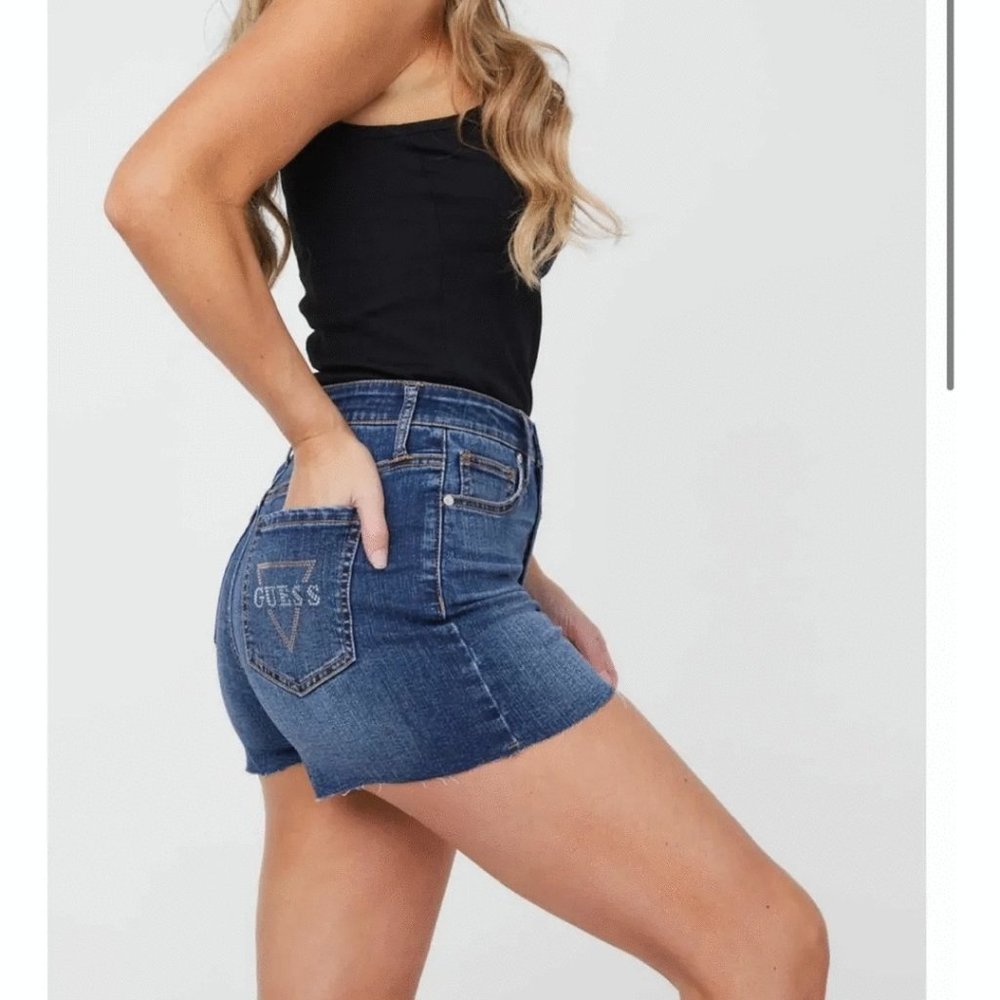 GUESS High Waist Logo Denim Shorts